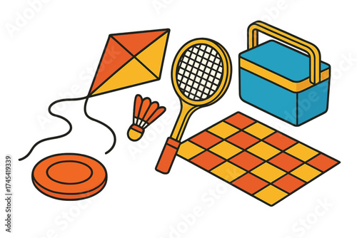 Essential gear collection for summer outdoor recreation and picnic activities