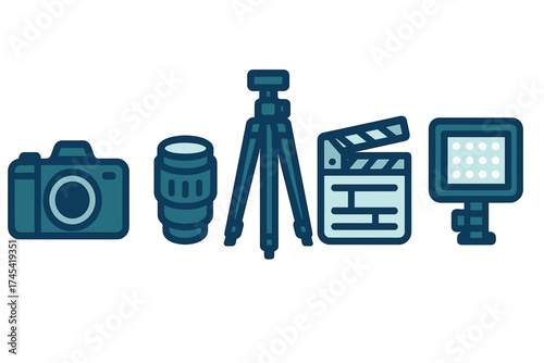 Collection of essential tools and equipment icons for professional photography and filmmaking production