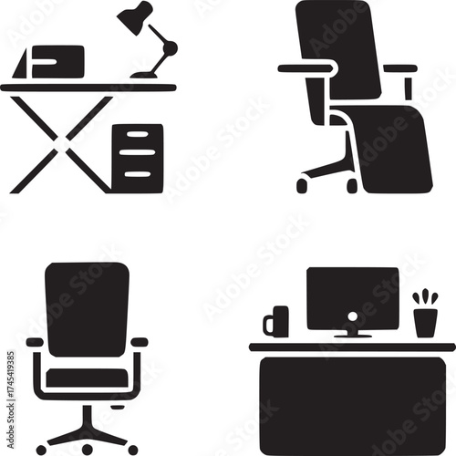 Illustration of office furniture icons including desks chairs and computer in black and white style