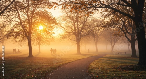 Sunrise in Foggy Park with Pedestrians and Trees in Autumn Season Landscape