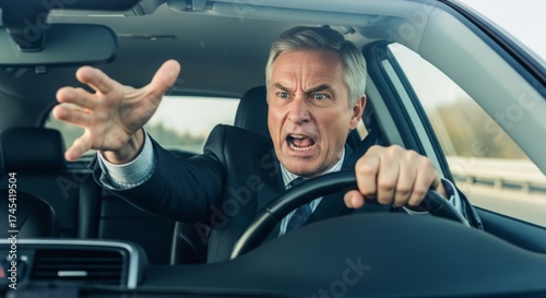 Frustrated driver in traffic jam illustrating road rage and stress