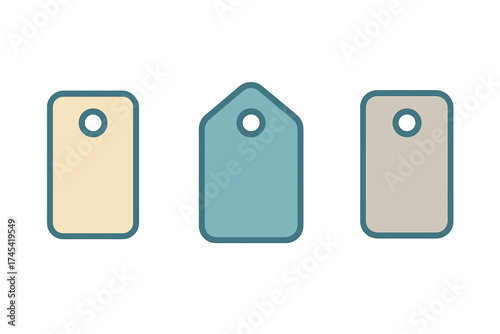 Three blank price tags or labels with rounded corners and hole punch detail for retail shopping