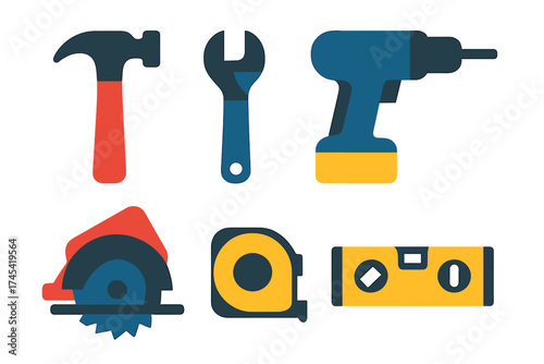 Essential construction and home repair tools collection including hammer wrench drill saw and tape measure