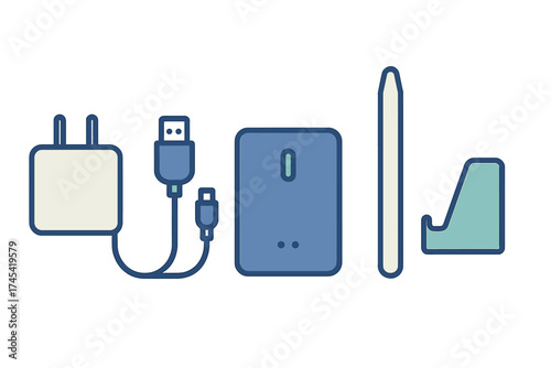 Essential electronic accessories set featuring wall charger USB cable power bank digital stylus and stand