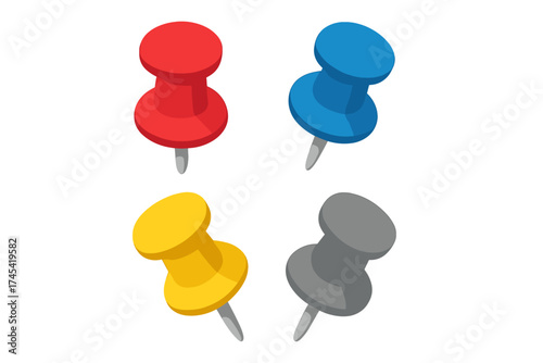 Set of four colorful pushpins in isometric view isolated on white background