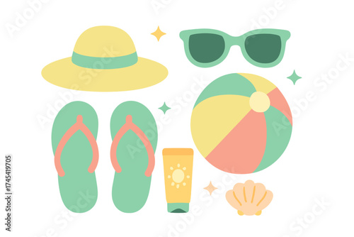 Essential summer vacation items collection including sunglasses, sun hat, and beach accessories