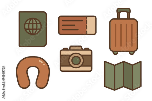 Travel essentials flat icons featuring passport, ticket, luggage, camera, map, and neck pillow