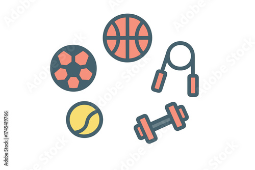 Collection of sports balls and gym equipment icons representing fitness and exercise