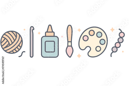 Cute pastel flat design icons set of crafting materials, yarn, crochet, and painting supplies
