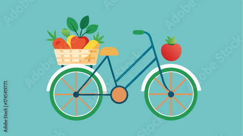 A charming depiction of a bicycle loaded with baskets of fresh vegetables fruits and herbs symbolizing sustainable transportation and ecofriendly practices.