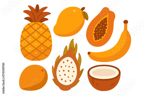 Vibrant collection of exotic tropical fruits including pineapple mango and papaya
