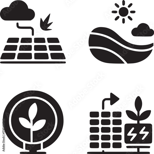 Depiction of solar panels, landscape with sun, plant in circle, and plant with arrow and blocks