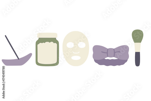 Flat lay of essential skincare products and accessories for a relaxing home spa ritual