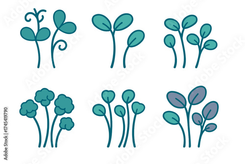 Collection of six stylized green sprouts and healthy microgreens representing organic food and growth