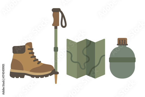 Essential outdoor equipment for hiking and trekking adventures including a boot, pole, map, and canteen