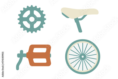 Four essential bicycle parts: wheel, saddle, pedal, and chainring in flat style
