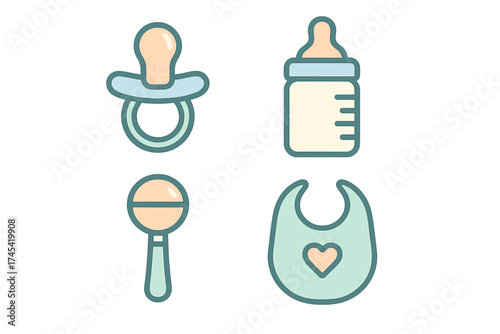 Set of newborn baby essentials including pacifier feeding bottle rattle and bib