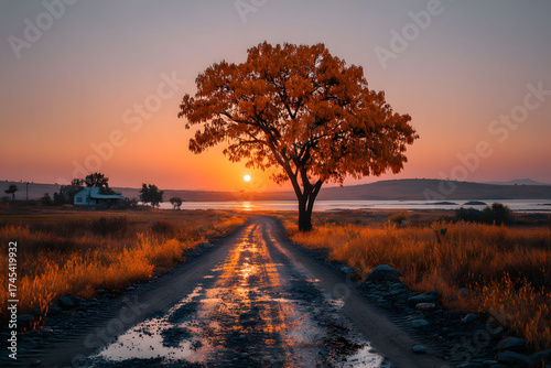 Scenic Autumn Sunset over Rural Pathway with Golden Tree