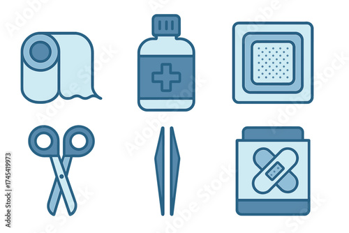 Essential medical supplies and first aid equipment symbols set