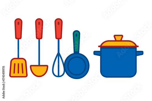 Colorful set of essential kitchen cooking tools and cookware items displayed against a white background