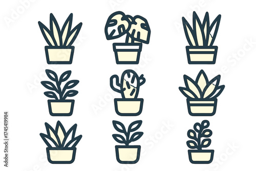 Nine potted indoor houseplants and succulents in simple outline style