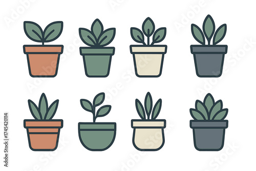 Eight stylized potted house plants and seedlings in various containers