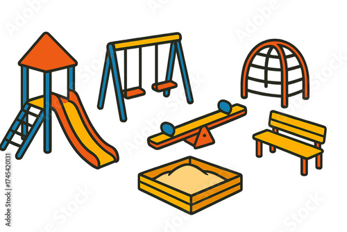 Colorful collection of outdoor park playground equipment including slide swings and seesaw