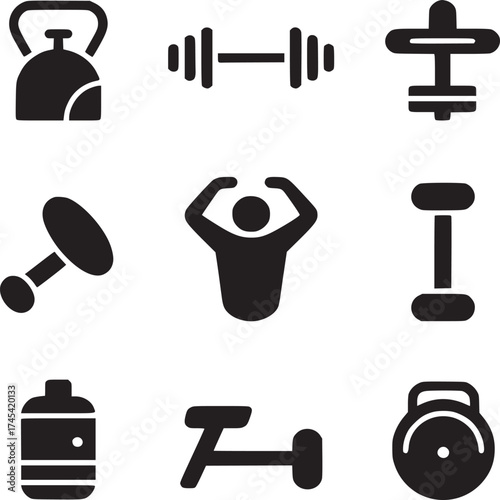 A collection of fitness icons including dumbbells kettlebells and a person stretching on a white background
