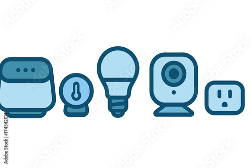 Collection of smart home devices including speaker, thermostat, light bulb, security camera, and power outlet icons
