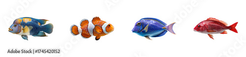 Set of Four colorful marine fish displayed against