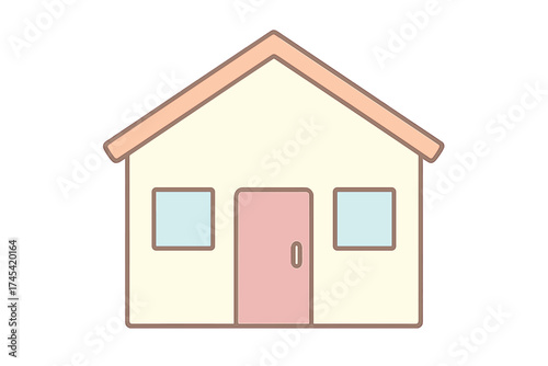 Minimalist cartoon house with thick outlines and soft pastel colors on a white background