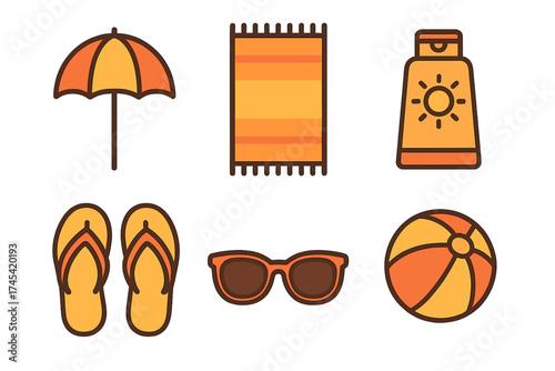 Essential summer holiday and beach accessories including sunglasses and flip flops