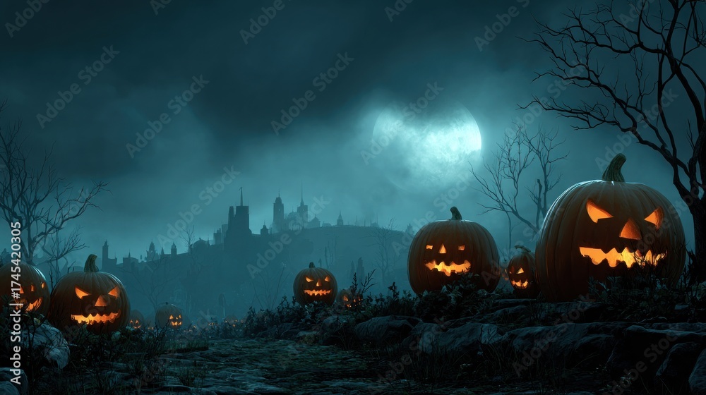 Fototapeta premium Spooky halloween pumpkins glowing at night in dark landscape