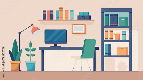 A chic home office space displaying a contemporary desk ergonomic chair motivational wall art and organized shelving filled with books and decor.