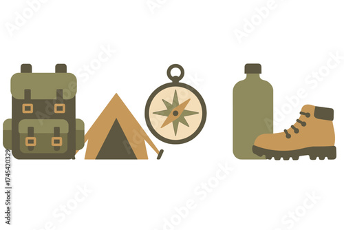 Essential outdoor adventure equipment set featuring backpack tent compass water bottle and hiking boot
