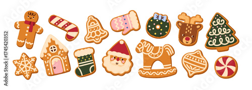 Gingerbread cookies set. Christmas ginger bread, winter holiday biscuits. Sweet Xmas food, festive dessert treat, bakery decorated with icing. Flat vector illustrations isolated on white background.