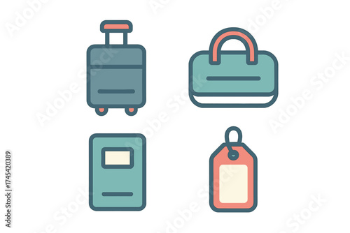 Collection of travel and vacation icons including suitcase, duffel bag, passport, and baggage tag