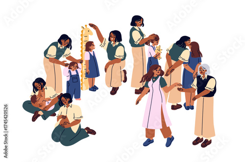 Child and mother on life path, growing up stages. Motherhood, parenting and childhood cycle. Mom and daughter from baby, kid to adult, separation. Flat vector illustration isolated on white background