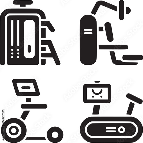 A collection of four black and white icons depicting different types of exercise equipment designs
