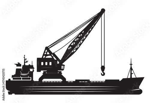 Black silhouette of a heavy-lift cargo ship with a large deck crane isolated on a white background.