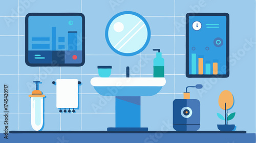 A bathroom scene with a smart mirror displaying health metrics and personalized routine reminders showcasing hygiene technology integration.