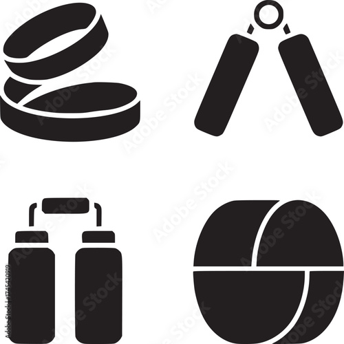 A collection of four fitness icons featuring resistance bands hand grip and other exercise equipment