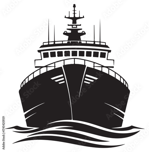 Stylized black and white front view of a large ship, possibly a cargo vessel or cruise liner, with a prominent bow and multi-deck superstructure, sailing on water with waves.