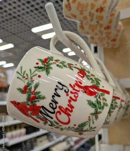 Taza de porcelana con mensaje Merry Christmas y dibujos de pájaros petirrojo en estante de comercio	