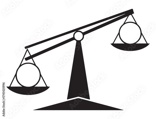 A black and white illustration of a balance scale with objects on each pan.