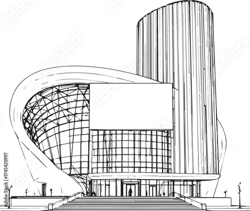 Modern Architecture Building Line Art Vector Sketch: Futuristic Exterior and Glass Facade