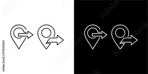 Location pin icons with arrows indicating direction, displayed in both black and white versions.
