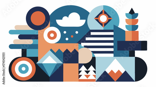 A collage of layered vector shapes that represent different design elements such as typography icons and geometric patterns all in a flat design style.