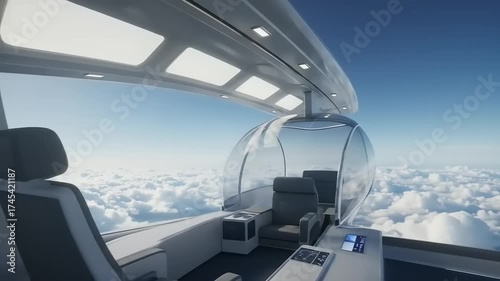 Futuristic Aircraft Interior with Panoramic View of Clouds.