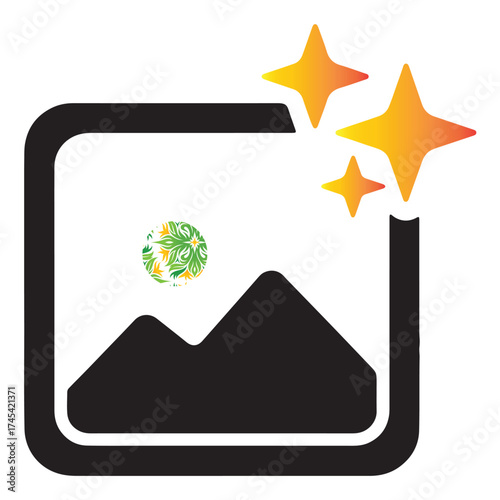Image enhancement icon with landscape and floral moon.